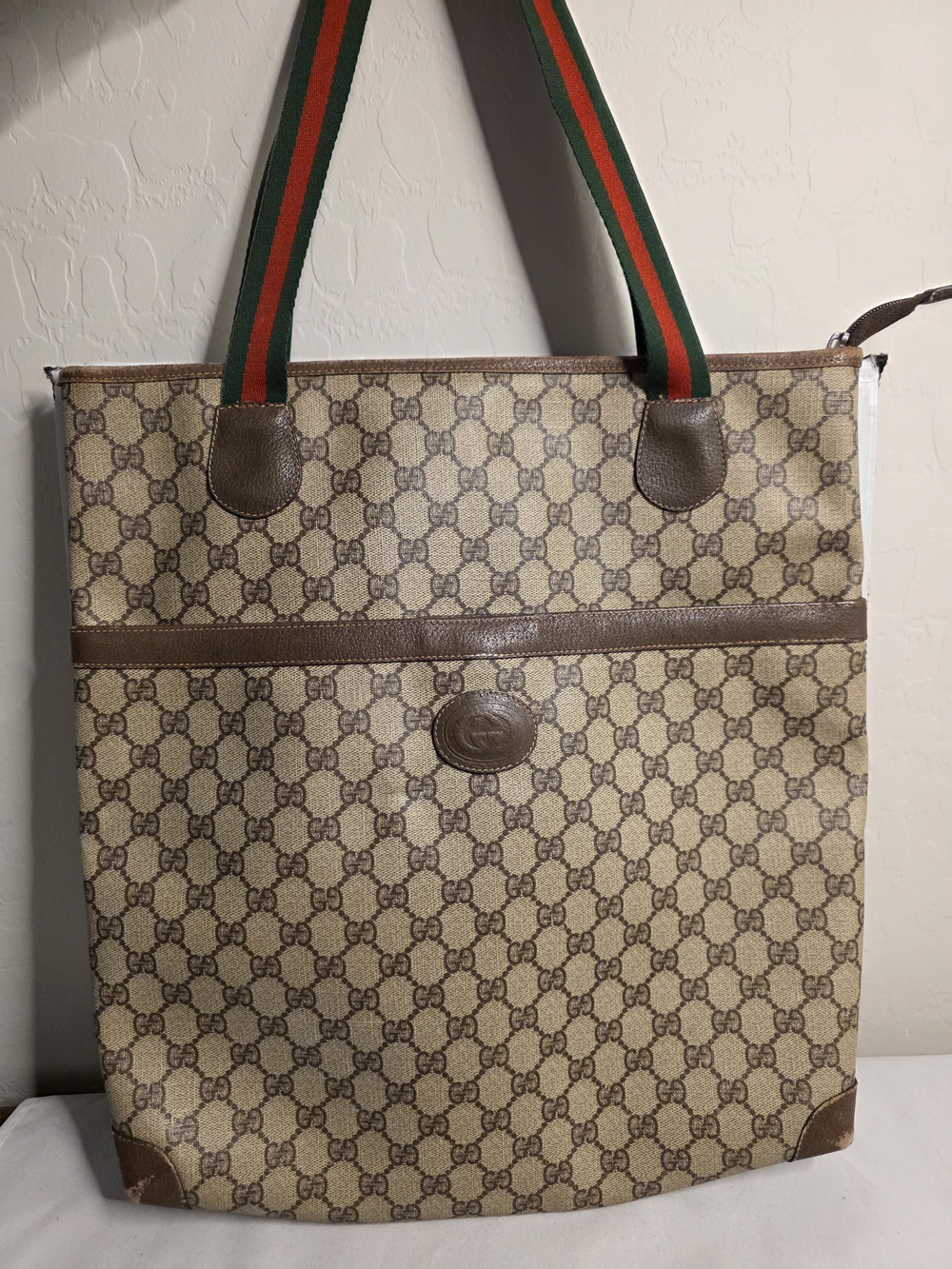 Gucci Beige GG Canvas Tote with Green-Red Web Straps